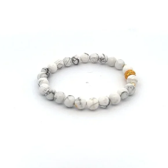 18K Gold Money Ball Lucky Charm Beads Bracelet Gemstones Black White Howlite 6mm - Picture 3 of 5